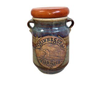 Vintage Wild Rice Blue Pottery Crock Canister Wood Lid Minnesota